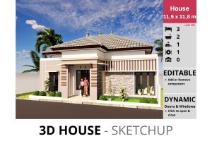 3D Model Sketchup - Rumah Tinggal 11,5m x 11,8m code 402